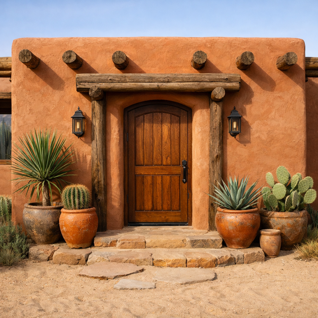Adobe eco-cabin viewed from the entrance