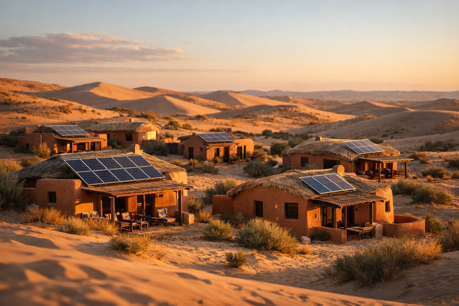 Solar-powered desert cabins at golden hour among dunes